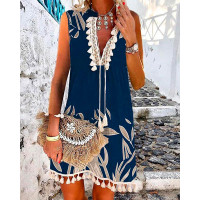 Plants Print Tassel Decor Sleeveless Casual Dress - blue