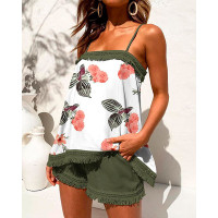 Plants Print Tassel Trim Cami Top & Shorts Set - Army green