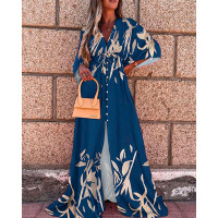 Plants Print Tied And Button Detail Large Sleeve Maxi Dress - blue