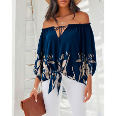 Plants Print Tied Detail Off Shoulder Top - purplish blue