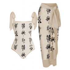 Plants Print Tied Detail One Piece Swimsuit With Cover Up Skirt - beige