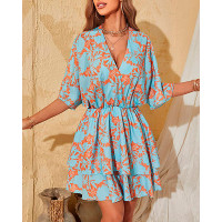 Plants Print Twist Design Casual Dress - blue