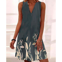 Plants Print V-Neck Sleeveless Casual Swing Dress - gray