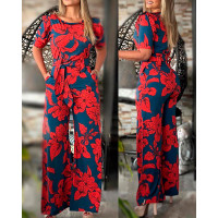 Plants Print Wide Leg Jumpsuit - red