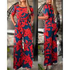 Plants Print Wide Leg Jumpsuit - red