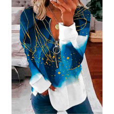 Plants Print Zip Front Long Sleeve Top - blue