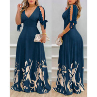 Plants Prit Split Sleeve Pearls Decor Maxi Dress - dark blue