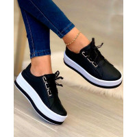 Platform Lace-up Eyelet Sneakers - black