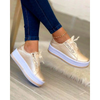 Platform Lace-up Eyelet Sneakers - gold