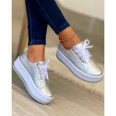 Platform Lace-up Eyelet Sneakers - silver