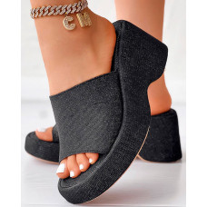 Platform Peep Toe Wedge Slippers Outdoor Sandals - black