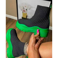 Platform Round Toe Knit Boots - green