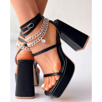 Platform Strappy Slingback Chunky Heels - black