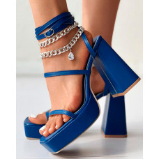 Platform Strappy Slingback Chunky Heels - blue