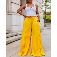 Pleated High Waist Wide Leg Pants - yellow