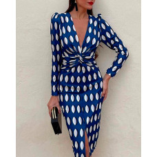 Plunge Allover Print Puff Sleeve Backless Slit Maxi Dress - blue