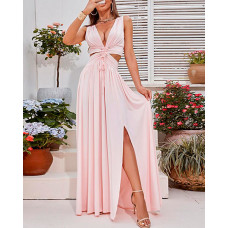 Plunge Cutout Drawstring Slit Ruched Maxi Dress - pink