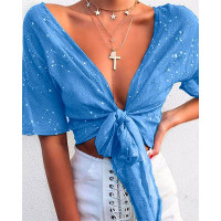 Plunge Glitter Stars Pattern Knot Front Blouse - blue