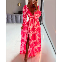 Plunge Lantern Sleeve High Slit Cutout Floral Print Maxi Dress - hot pink