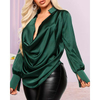 Plunge Long Sleeve Ruched Satin Shirt - green