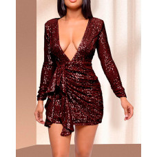 Plunge Ruched Long Sleeve Backless Sequin Dress - Wine red