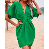 Plunge Ruched Short Sleeve Casual Dress - green