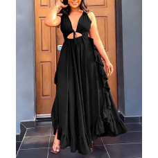 Plunge Ruffle Hem Cutout Maxi Dress - black