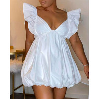 Plunge Ruffles Flutter Sleeve Ruched Mini Dress - white