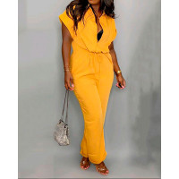 Plunge Short Sleeve Drawstring Jumpsuit - yellow