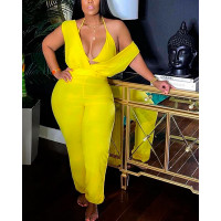 Plunge Sleeveless Cuffed Jumpsuit With Bralette - yellow