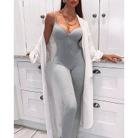 Plunge Spaghetti Strap Slim Fit Jumpsuit - gray