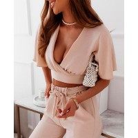 Plunge Tied Detail Top & Pocket Design Wide Leg Pants Set - Apricot