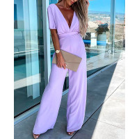 Plunge Wide Leg Jumpsuit - purple