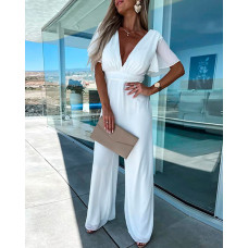 Plunge Wide Leg Jumpsuit - white