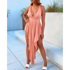 Plunging Neck Sleeveless Asymmetrical Dress - pink