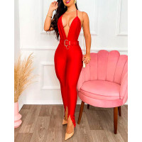 Plunging Neck Split Hem Belted Jumpsuit - red