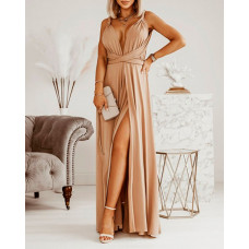 Plunging Neck Tied Detail Backless High Slit Dress - khaki