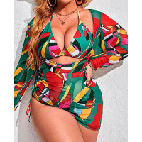 Plus Size 3PCS Abstract Print Bikini Set With Cover Up - red