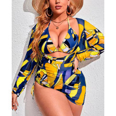 Plus Size 3PCS Abstract Print Bikini Set With Cover Up - yellow