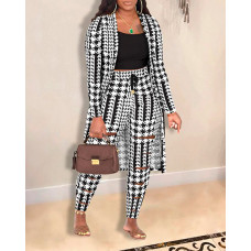 Plus Size 3PCS Cami Top & Houndstooth Print Pants Set With Coat - blackwhite