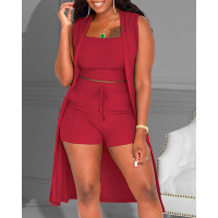 Plus Size 3PCS Ribbed Crop Tank Top & Shorts Set With Vest Coat - red