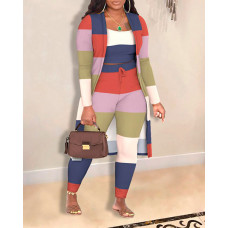 Plus Size 3PCS Striped Colorblock Cami Top & Pants Set With Coat - Multicolor