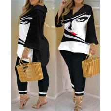 Plus Size Abstract Figure Print Bell Sleeve Top & Pants Set - blackwhite