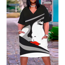 Plus Size Abstract Figure Print Pocket Design Casual Dress - blackwhite