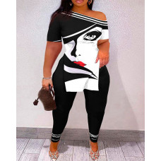 Plus Size Abstract Figure Print Side Slit Top & Pants Set - blackwhite