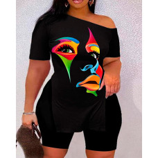 Plus Size Abstract Figure Print Side Slit Top & Shorts Set - black