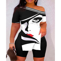 Plus Size Abstract Figure Print Side Slit Top & Shorts Set - blackwhite