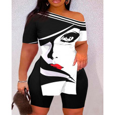 Plus Size Abstract Figure Print Side Slit Top & Shorts Set - blackwhite