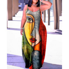 Plus Size Abstract Figure Print Spaghetti Strap Maxi Dress - Multicolor