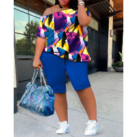 Plus Size Abstract Geometric Print Skew Neck Top & Shorts Set - blue